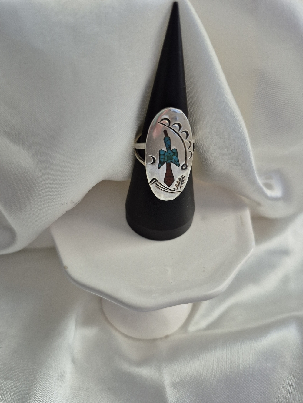 Sterling Silver Turquoise Inlay Thunderbird Ring - Picture 4 of 9
